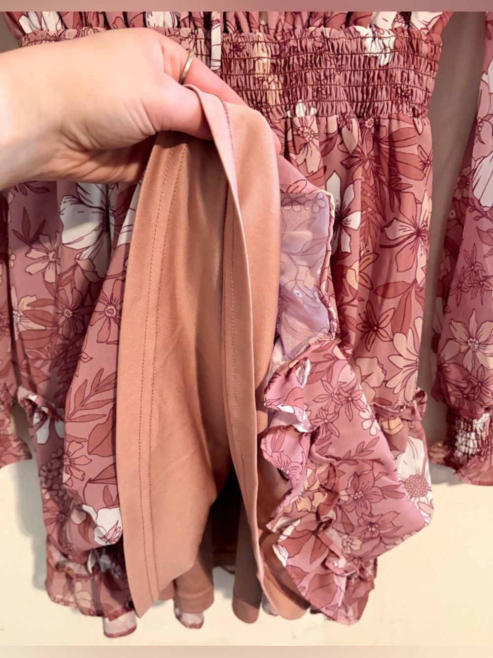 Peach Love California Floral Tie-Neck Elastic Waist Dress in Dusty Rose Sz Large - Picture 8 of 16